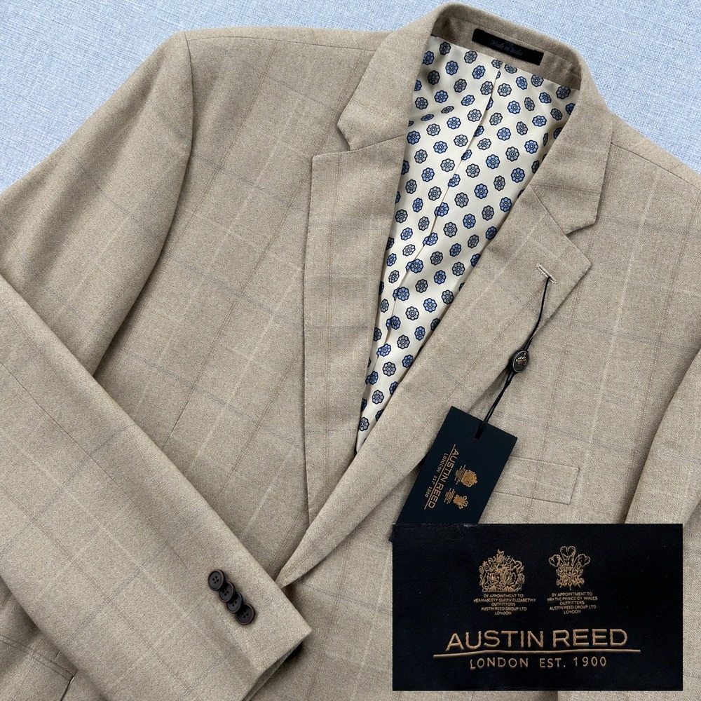 NWT Austin Reed Silk Wool Windowpane Blazer Men 48R Tan Beige Old Money Preppy